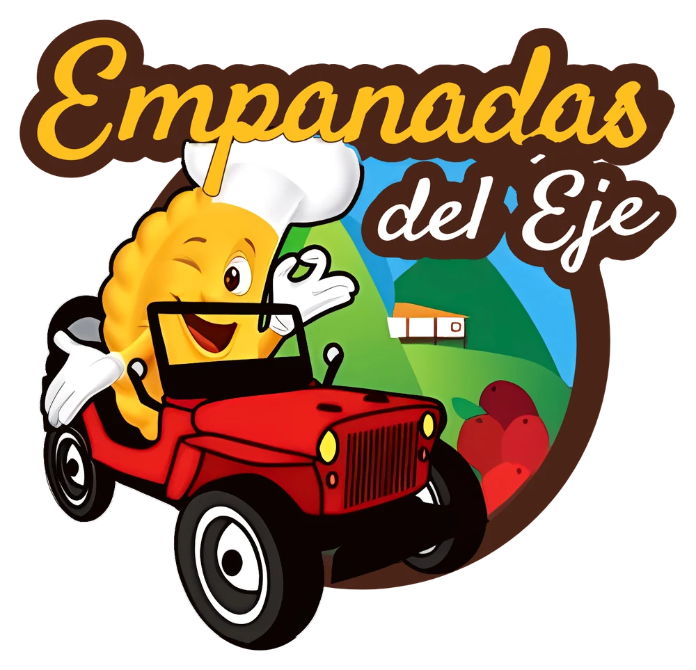 Logo de Empanadas del Eje: una empanada con gorro de chef maneja un Willys rojo frente a las montañas cafeteras